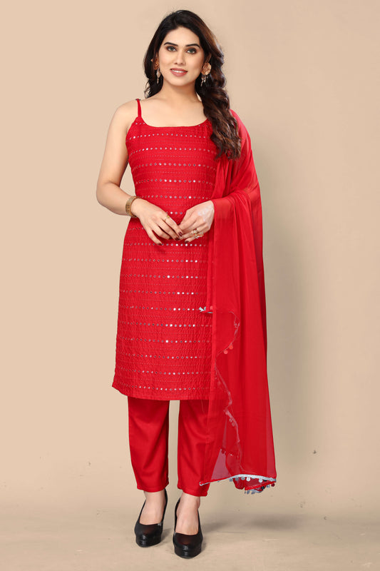 Red Fantastic Heavy Rayon Embroidery Sequins Work Kurta, Pant And Dupatta Set