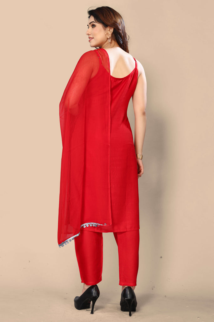 Red Fantastic Heavy Rayon Embroidery Sequins Work Kurta, Pant And Dupatta Set