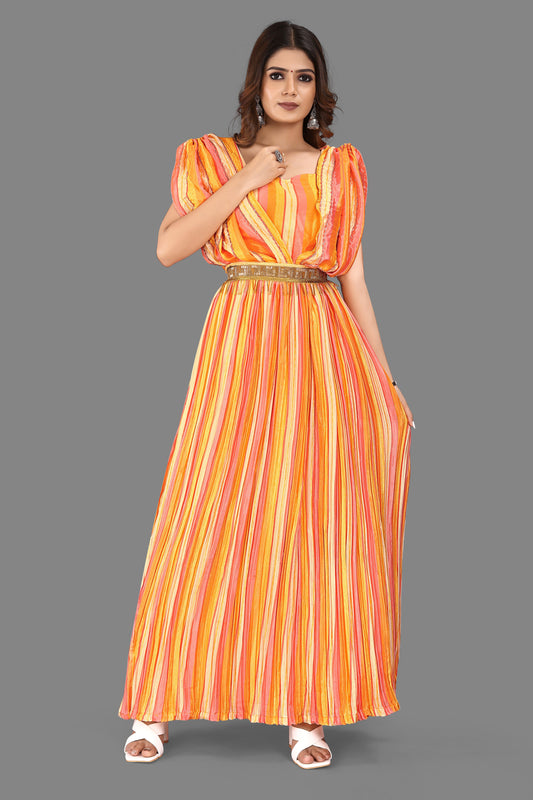 Orange Heavy Faux Georgette Digital Print Party Wear Gown