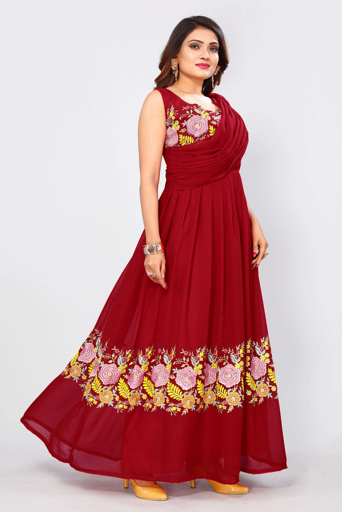Red Heavy Faux Georgette Fabric Embroidery Work Party Wear Gown