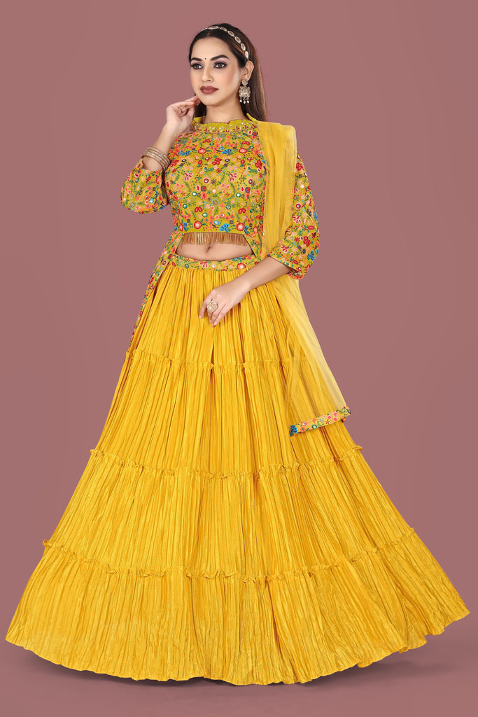 Yellow Faux Georgette Embroidery work Party Wear Lehenga Choli