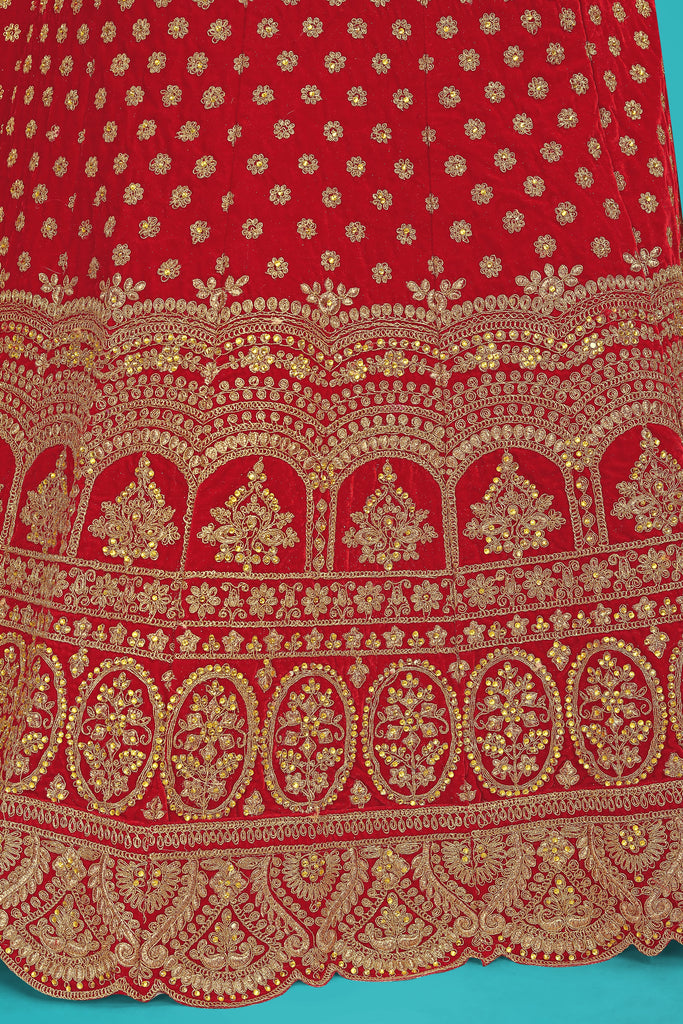 Red Velvet Fabric Embroidery Coding Work Bridal Lehenga