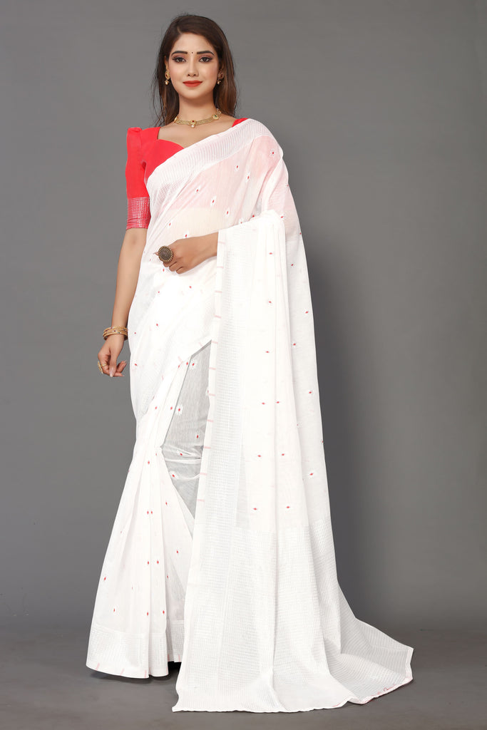 White Jacquard Cotton Silk Party Wear Saree