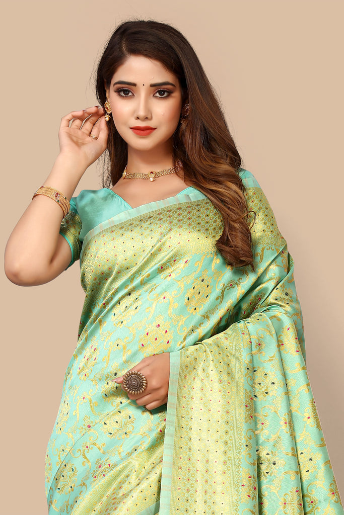 Light Green Jacquard Litchi Silk Party Wear All Over Saree
