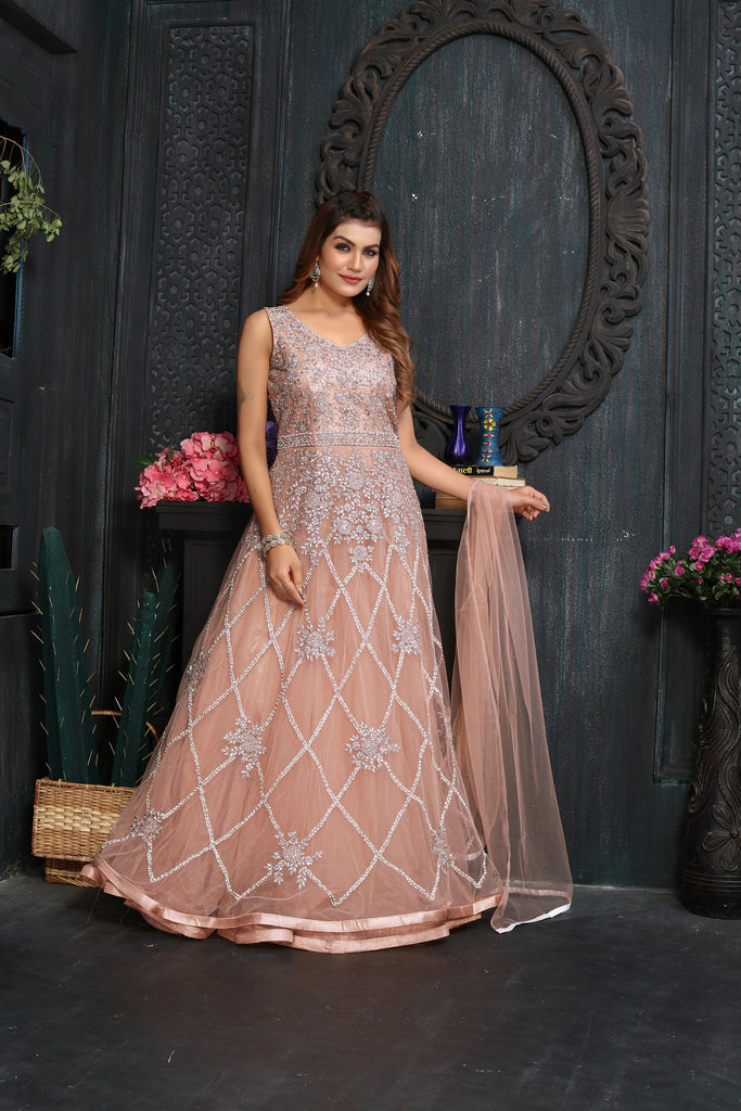 Pink Mono Net Embroidery Coding Work Gown