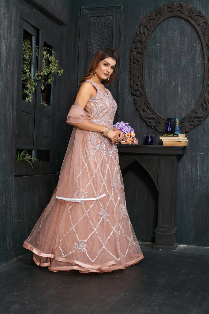 Pink Mono Net Embroidery Coding Work Gown